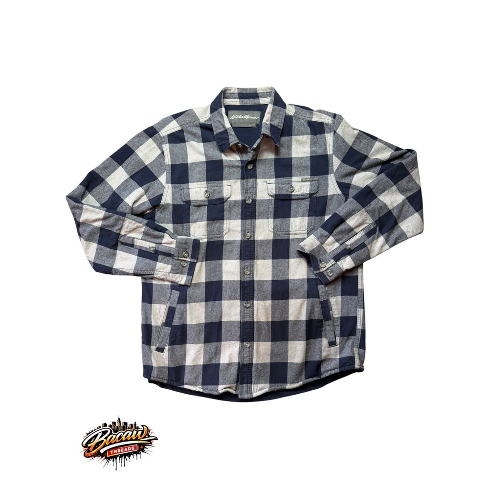 Eddie Bauer Mens Fleece Lined Flannel Shirt Jacket Navy Grey Buffalo Plaid L